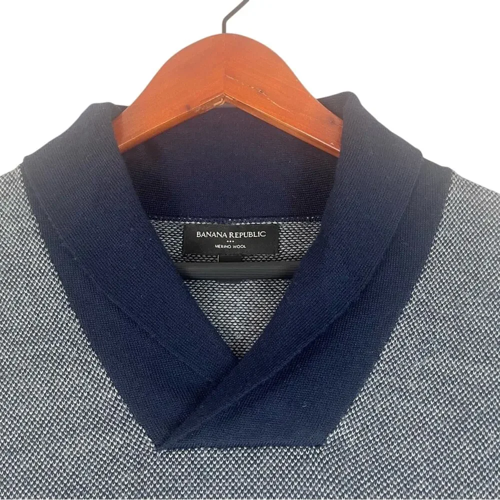 Banana Republic Merino Wool Sweater Mens Large Shawl Collar Blue Birdseye Knit